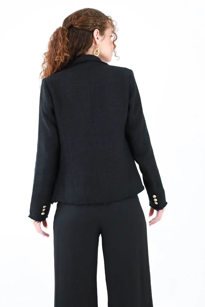 Frayed Hem Tweed Gold Button Blazer - Black