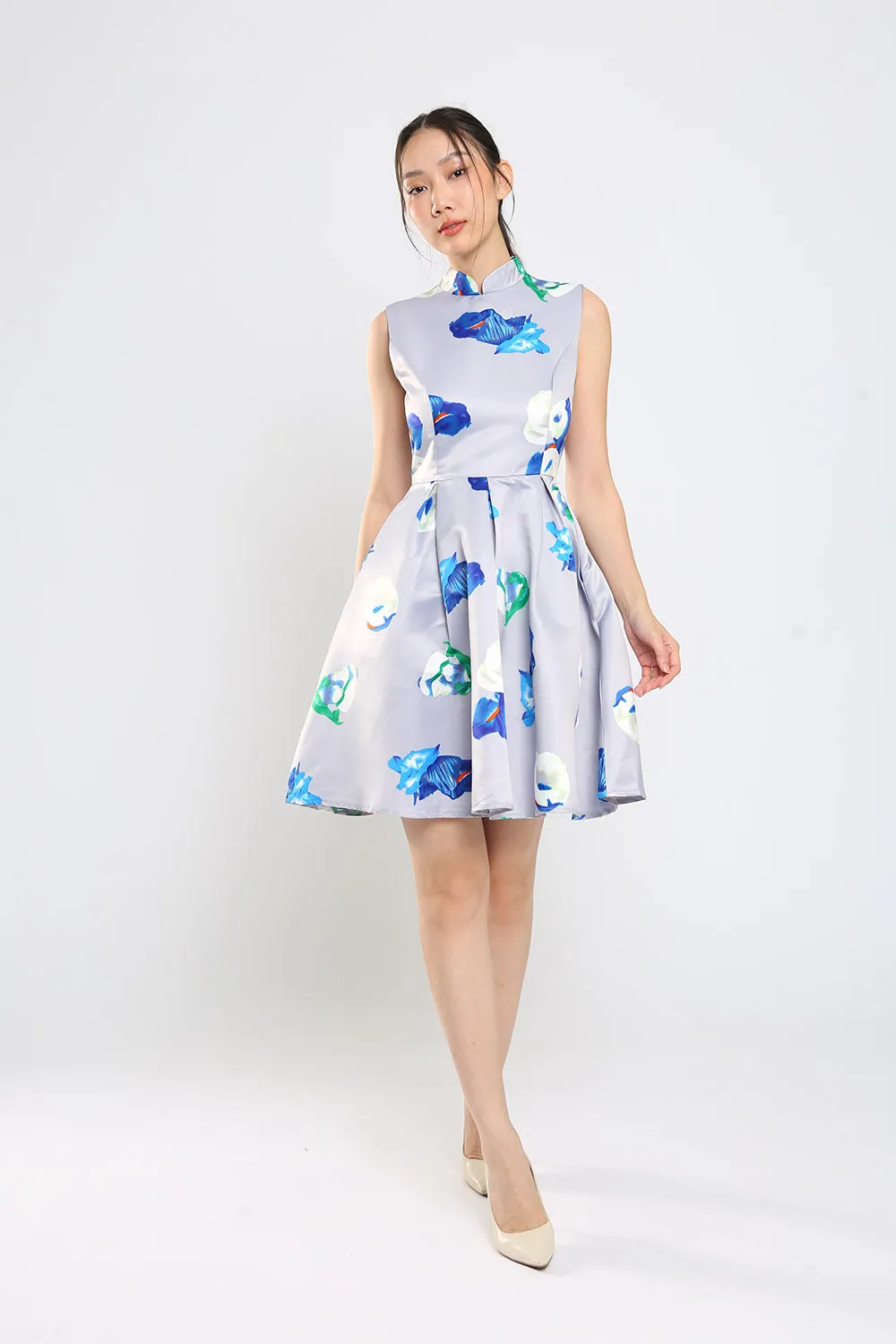 Gisele Mandarin Collar Floral Print Midi Dress Cheongsam