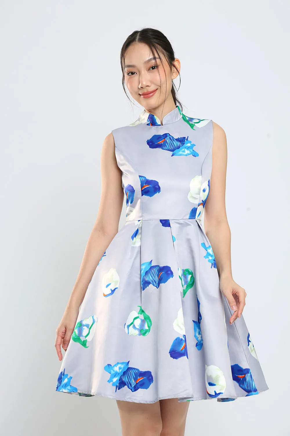 Gisele Mandarin Collar Floral Print Midi Dress Cheongsam