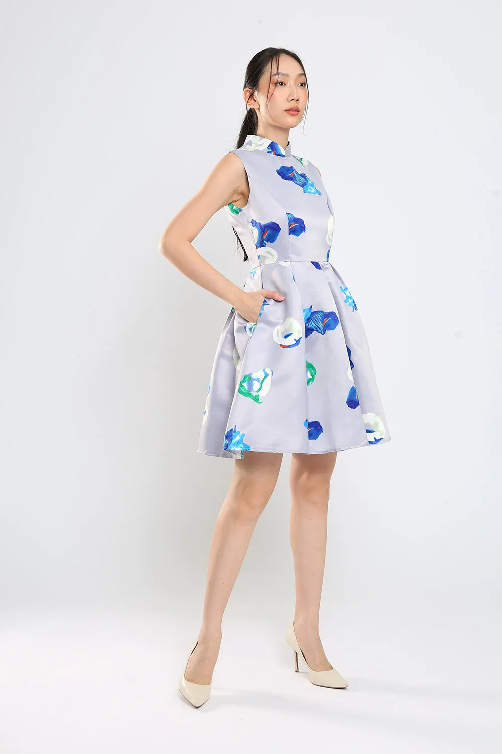 Gisele Mandarin Collar Floral Print Midi Dress Cheongsam