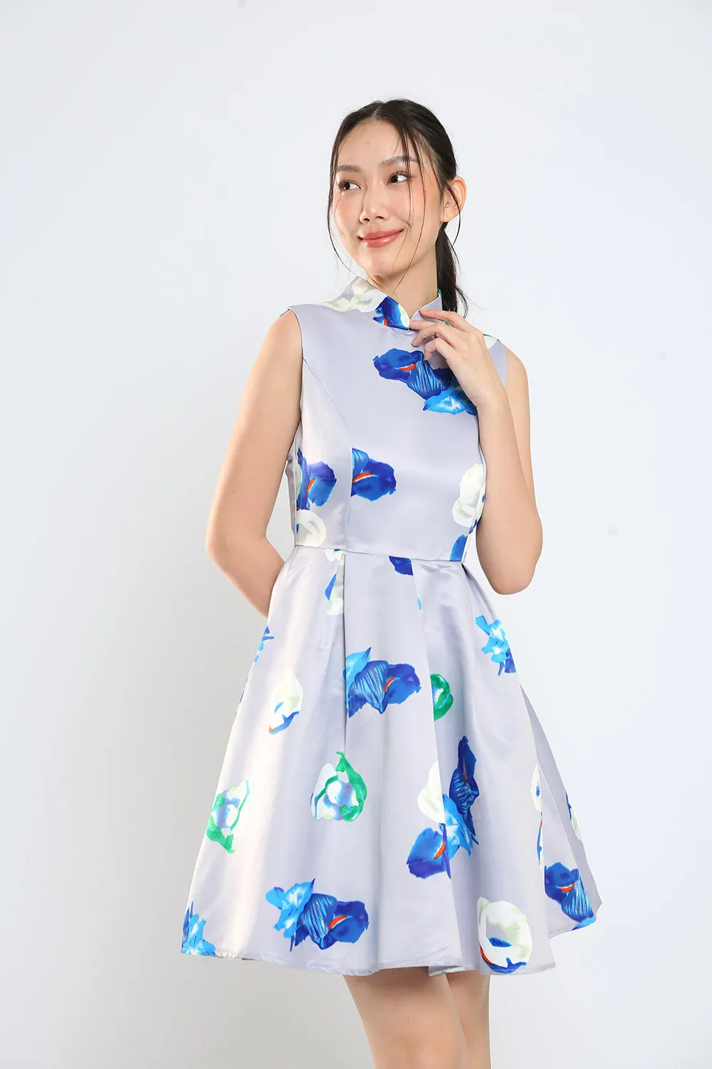 Gisele Mandarin Collar Floral Print Midi Dress Cheongsam