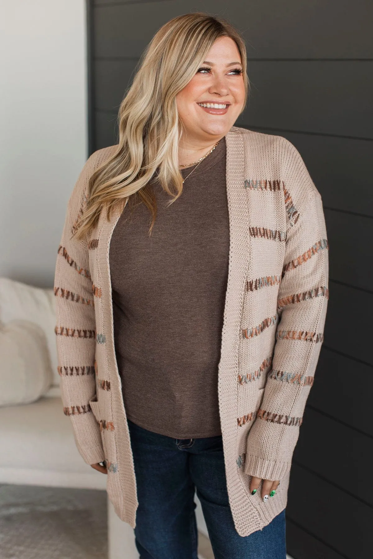 Give It A Shot Striped Cardigan- Light Mocha