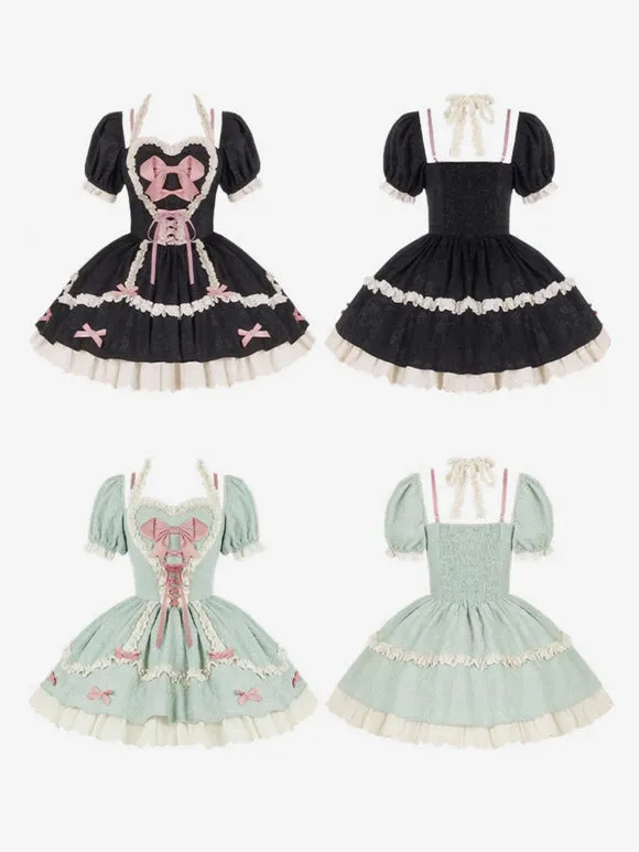 Gothic Lolita Dresses Bows Lace Up Color Block Black Green