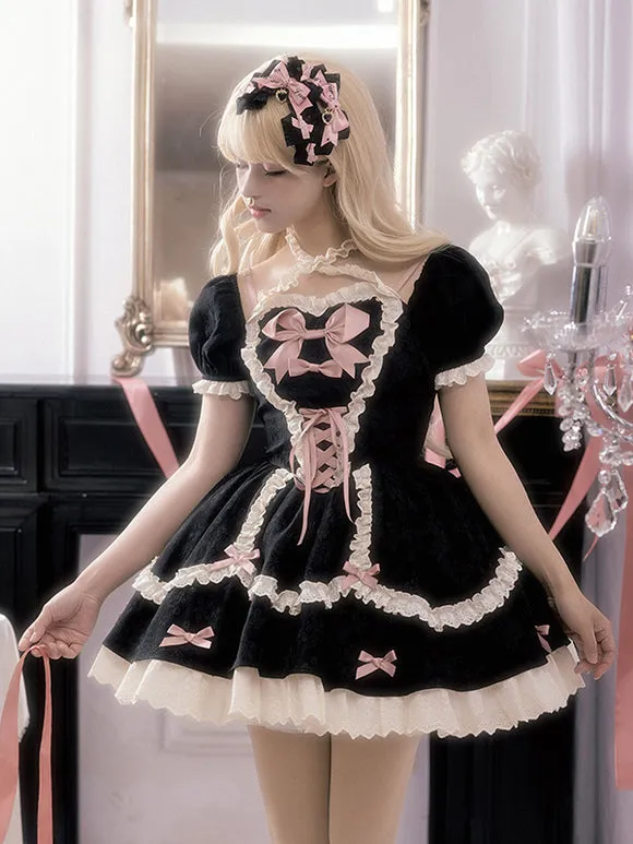 Gothic Lolita Dresses Bows Lace Up Color Block Black Green