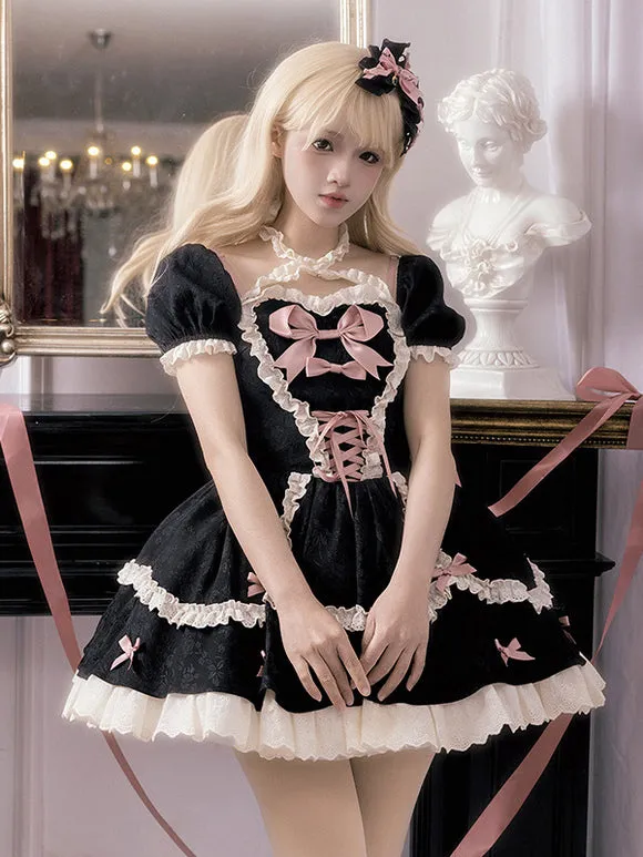 Gothic Lolita Dresses Bows Lace Up Color Block Black Green
