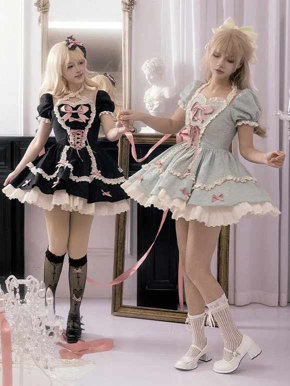 Gothic Lolita Dresses Bows Lace Up Color Block Black Green
