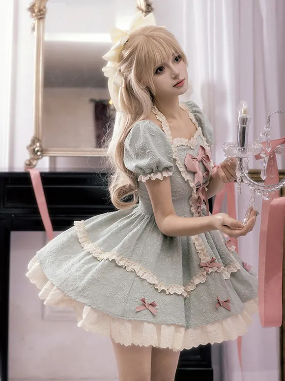 Gothic Lolita Dresses Bows Lace Up Color Block Black Green