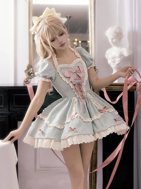 Gothic Lolita Dresses Bows Lace Up Color Block Black Green