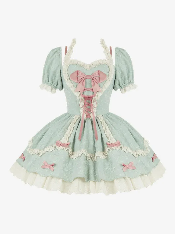 Gothic Lolita Dresses Bows Lace Up Color Block Black Green