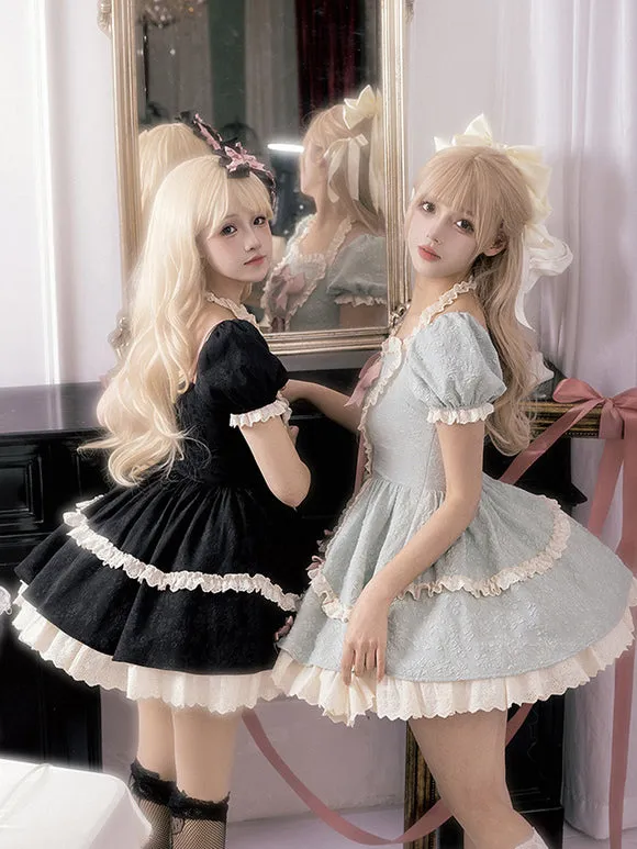 Gothic Lolita Dresses Bows Lace Up Color Block Black Green