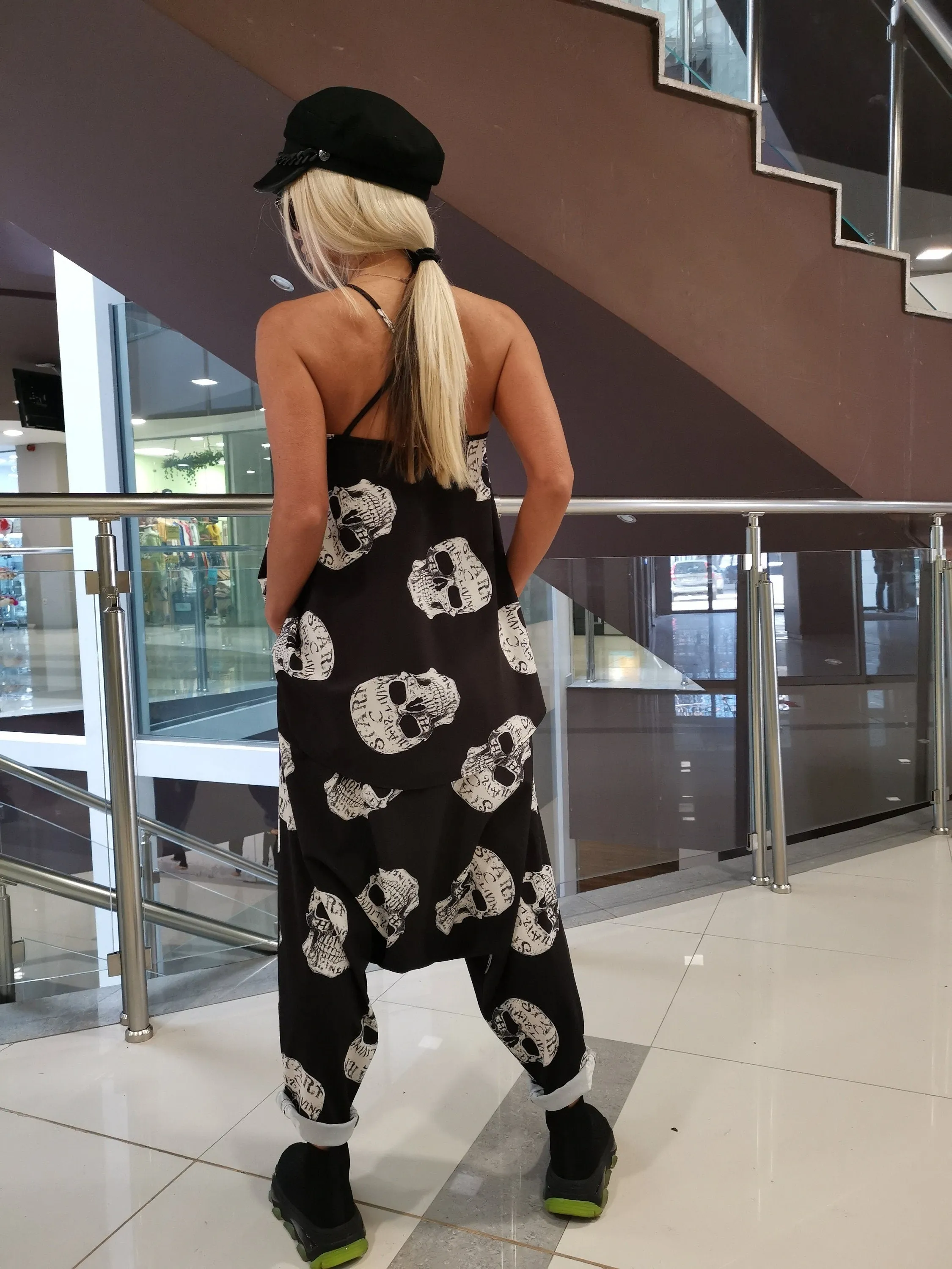 Gothic Set, Women two parts Set, Sculls Print Women Set, Baggy Pants, Asimetric Top, Harem Trousers, Loose Set, Extravagant Women Set