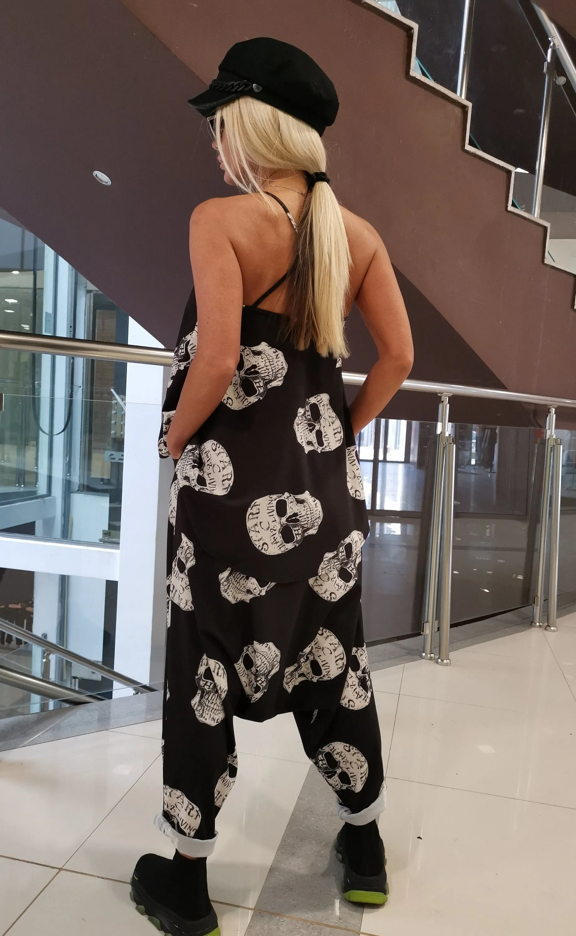 Gothic Set, Women two parts Set, Sculls Print Women Set, Baggy Pants, Asimetric Top, Harem Trousers, Loose Set, Extravagant Women Set