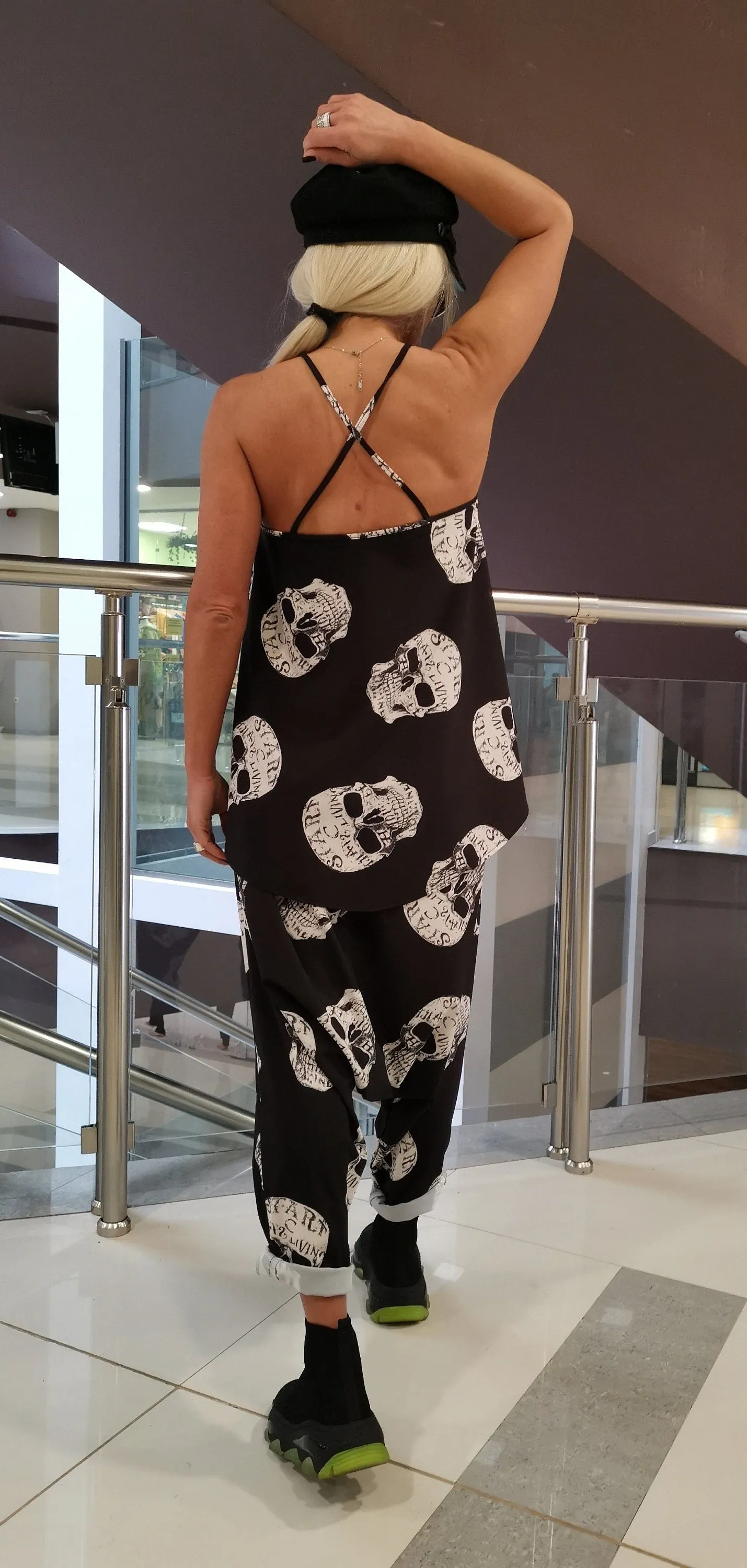 Gothic Set, Women two parts Set, Sculls Print Women Set, Baggy Pants, Asimetric Top, Harem Trousers, Loose Set, Extravagant Women Set