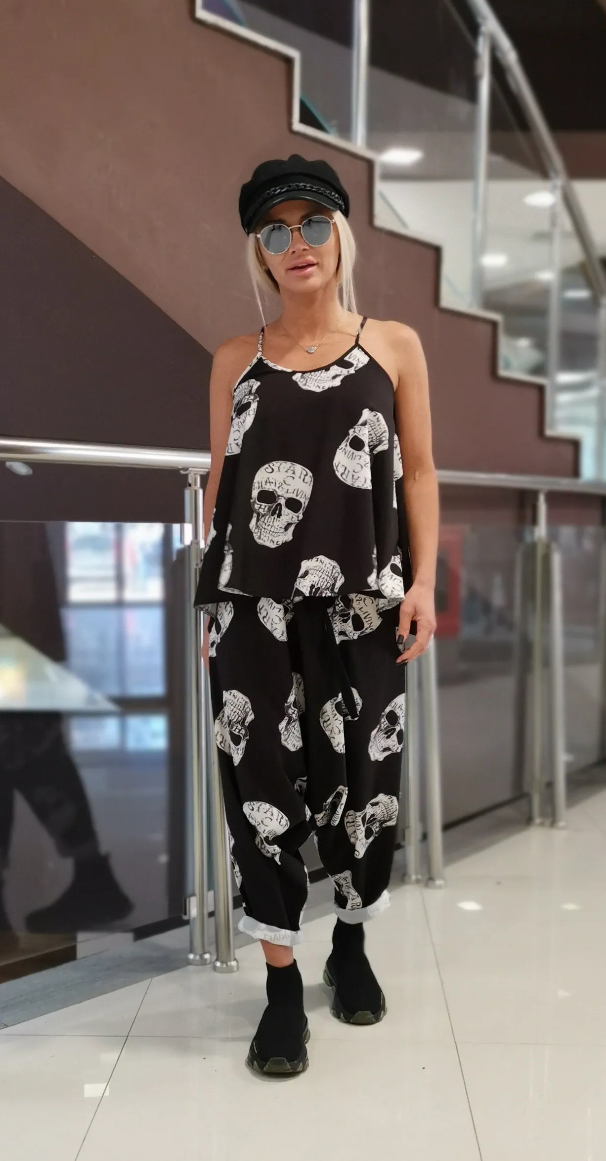 Gothic Set, Women two parts Set, Sculls Print Women Set, Baggy Pants, Asimetric Top, Harem Trousers, Loose Set, Extravagant Women Set