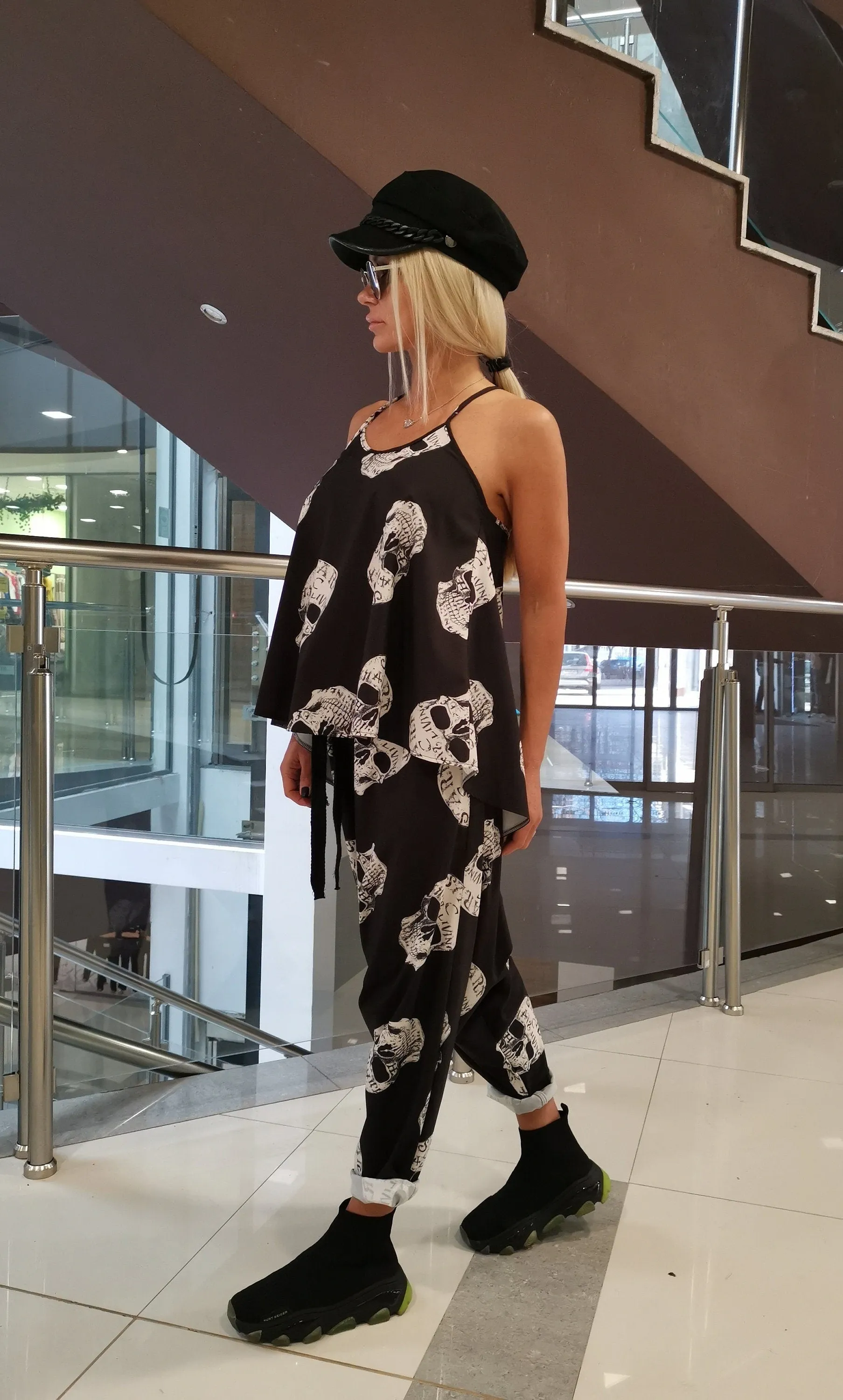 Gothic Set, Women two parts Set, Sculls Print Women Set, Baggy Pants, Asimetric Top, Harem Trousers, Loose Set, Extravagant Women Set