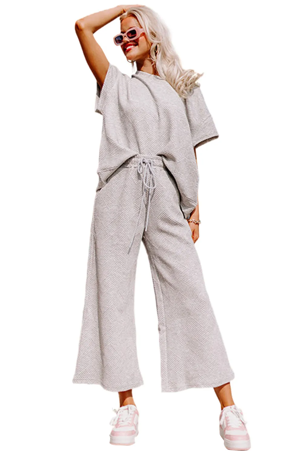 Gray Textured Loose Fit T Shirt and Drawstring Pants Set