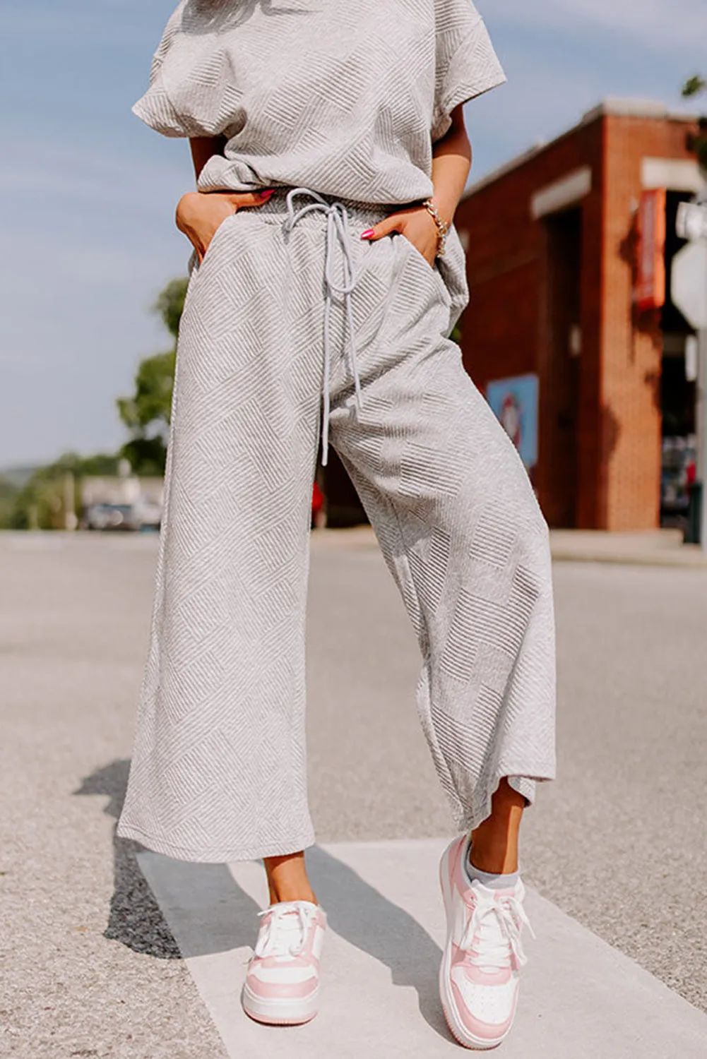 Gray Textured Loose Fit T Shirt and Drawstring Pants Set