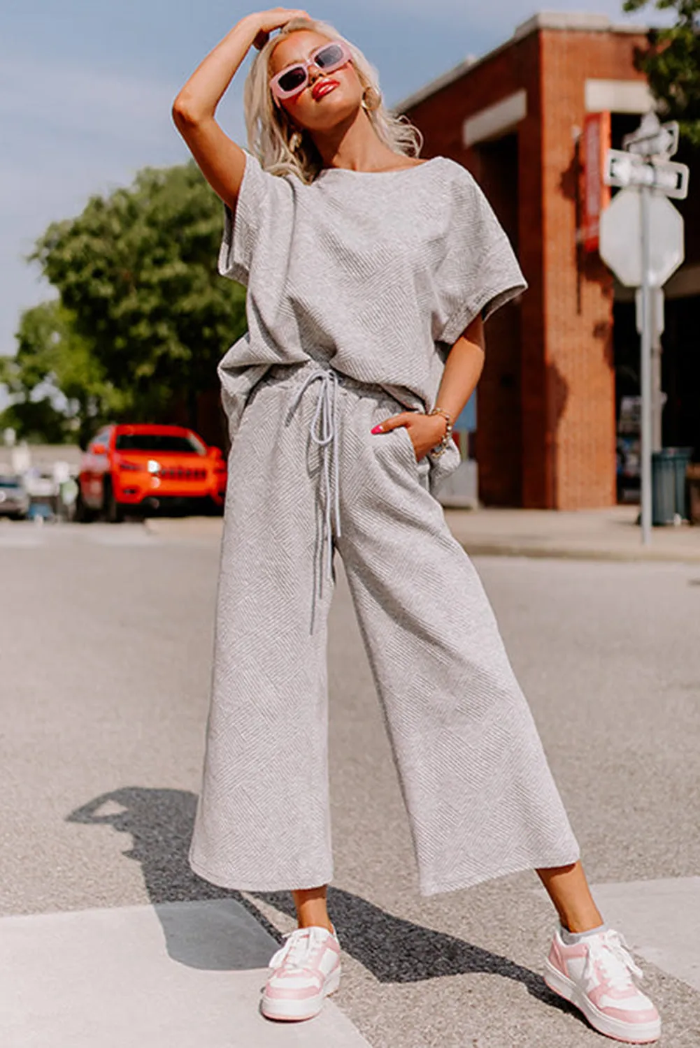 Gray Textured Loose Fit T Shirt and Drawstring Pants Set
