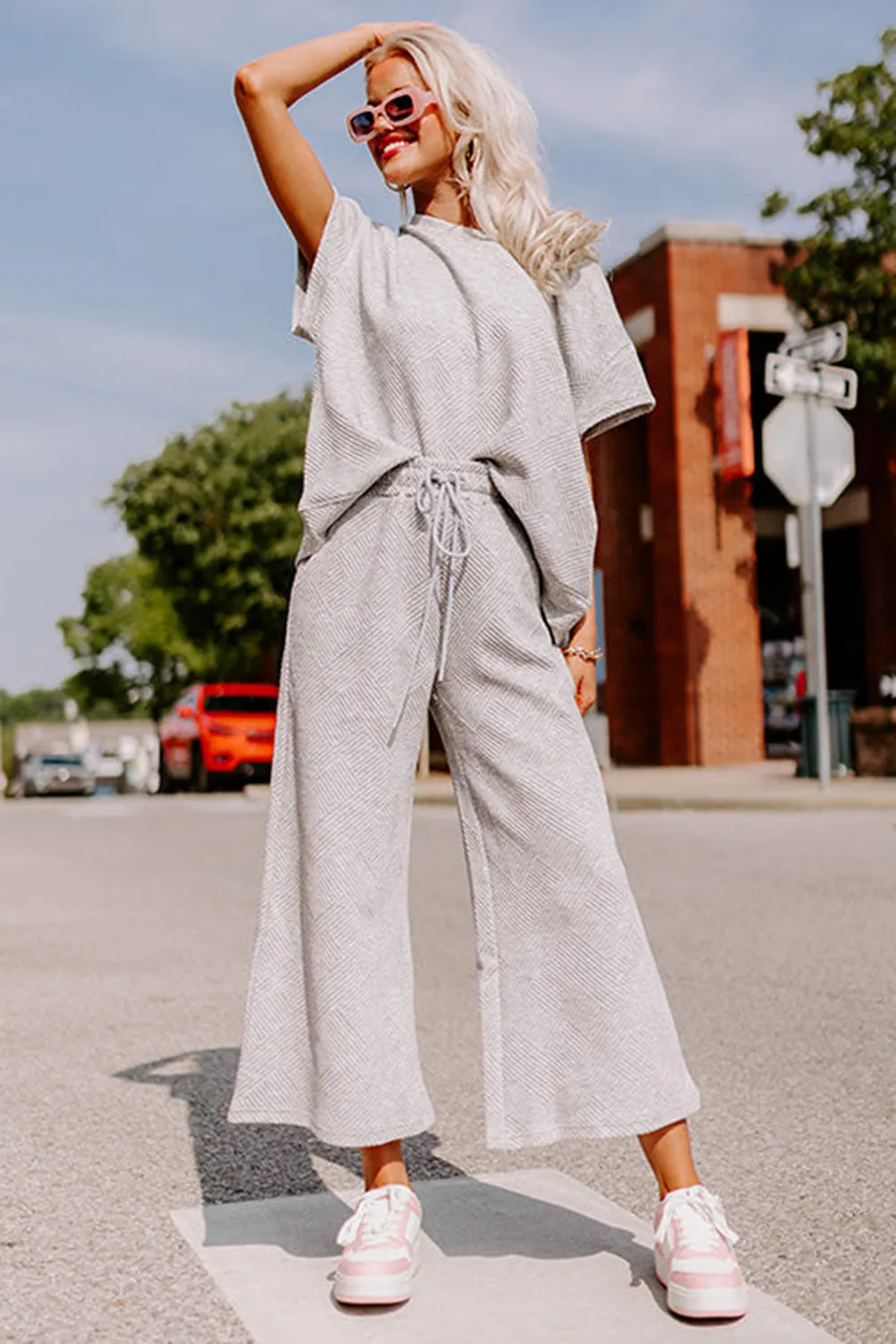Gray Textured Loose Fit T Shirt and Drawstring Pants Set