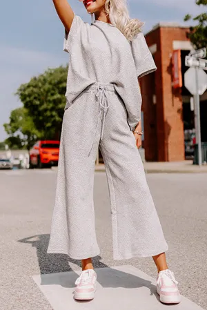 Gray Textured Loose Fit T Shirt and Drawstring Pants Set