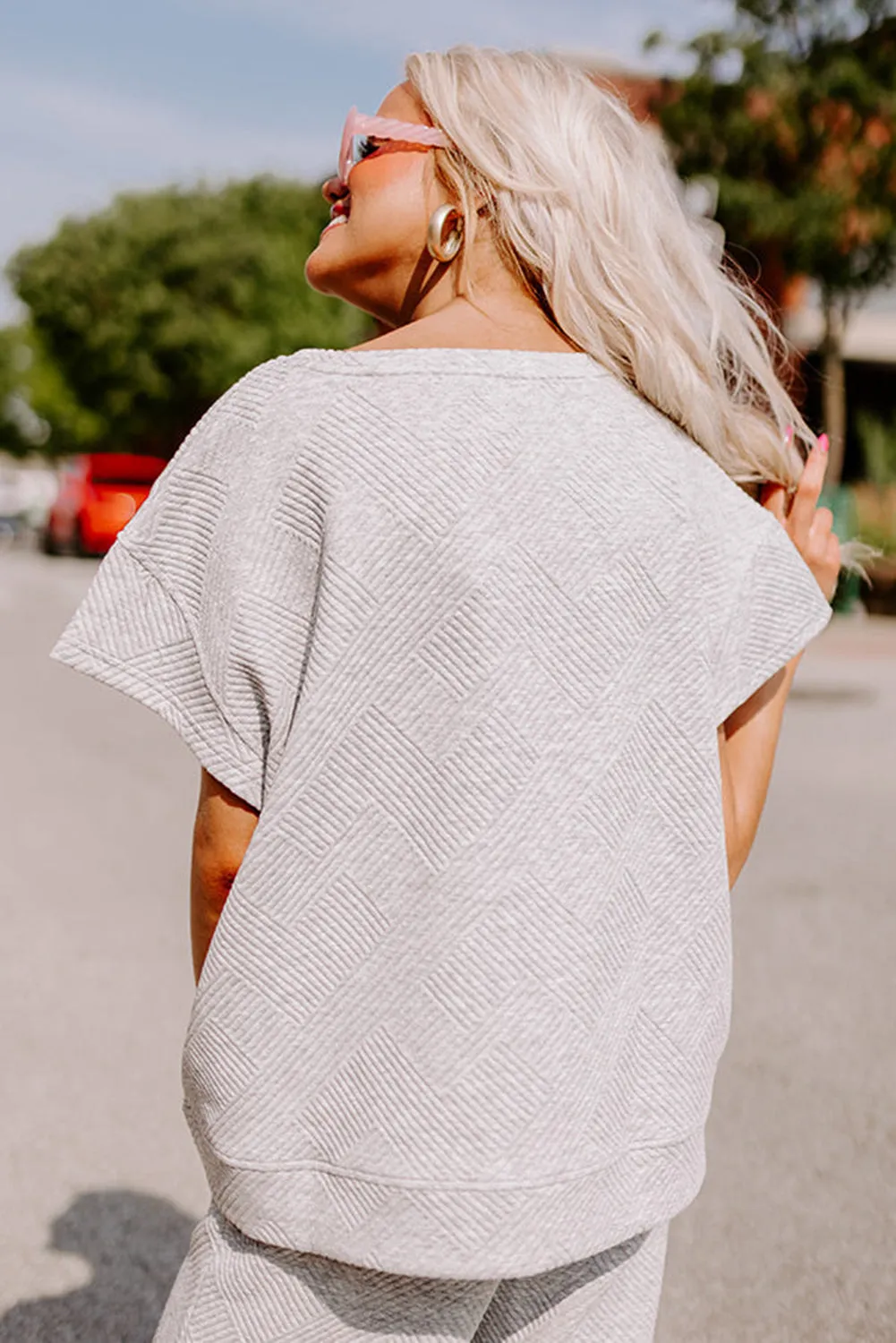 Gray Textured Loose Fit T Shirt and Drawstring Pants Set