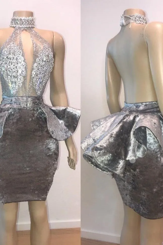 Halter Keyhole Neckline Appliques Short Prom Dresses