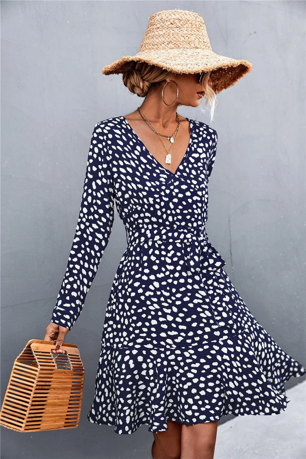 Hazel Blues® | Printed V-Neck Tie Belt Ruffle Hem Mini Dress