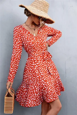 Hazel Blues® | Printed V-Neck Tie Belt Ruffle Hem Mini Dress