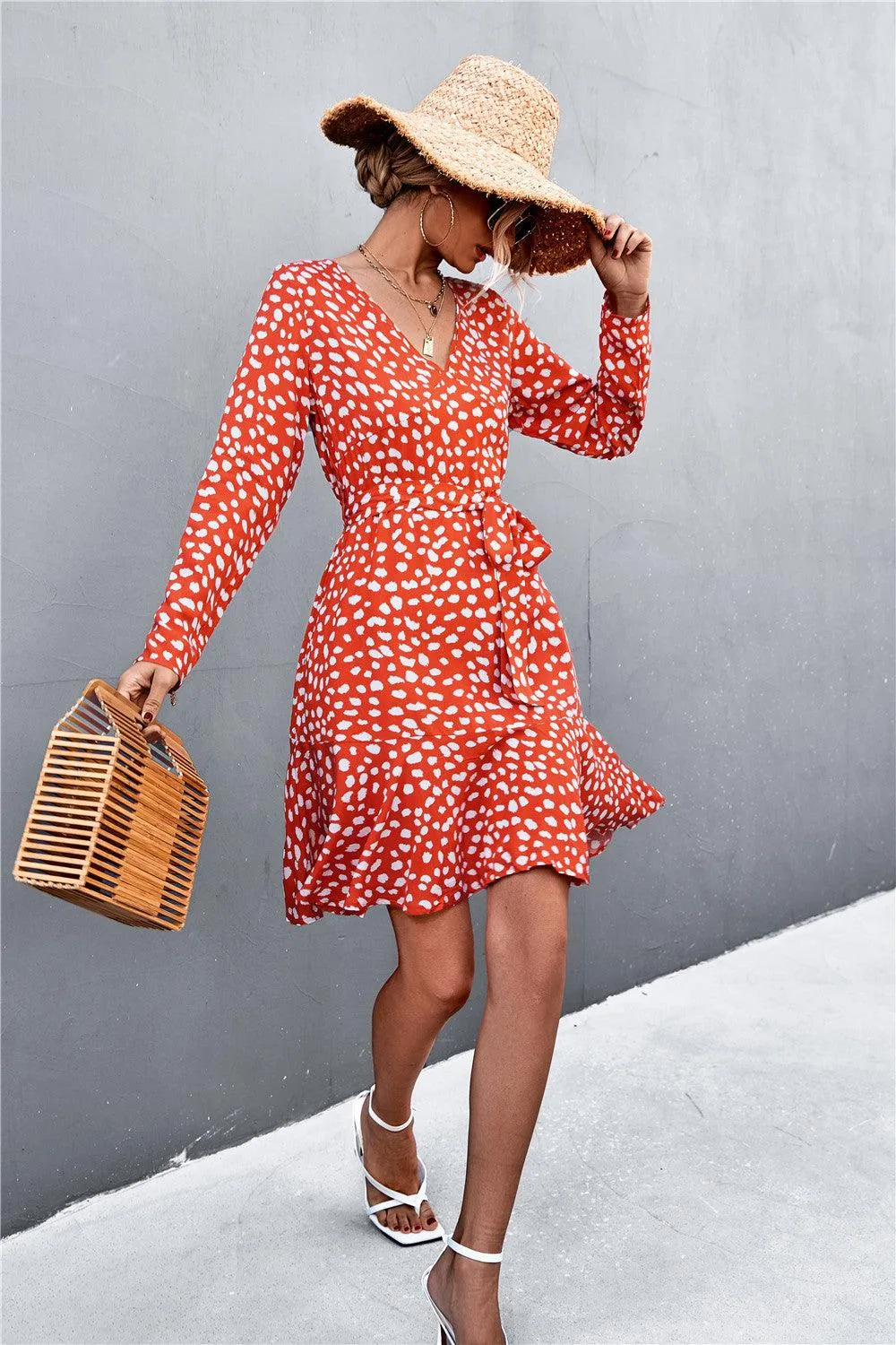 Hazel Blues® | Printed V-Neck Tie Belt Ruffle Hem Mini Dress