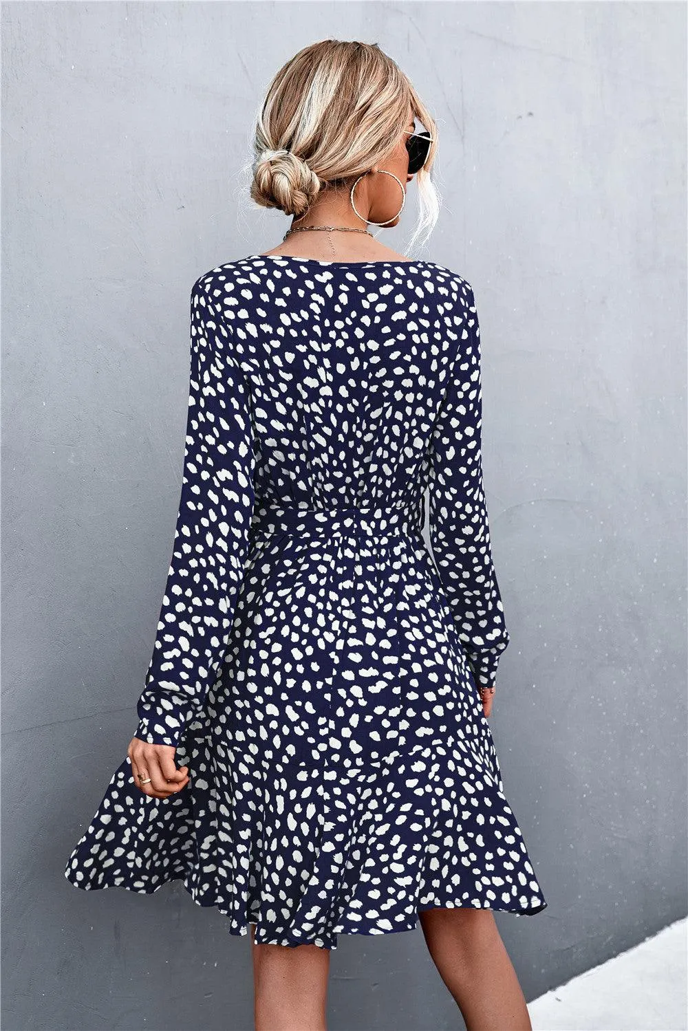Hazel Blues® | Printed V-Neck Tie Belt Ruffle Hem Mini Dress