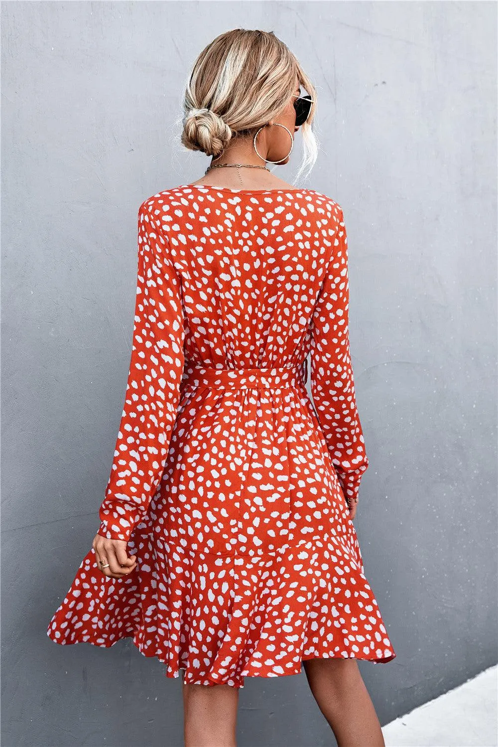 Hazel Blues® | Printed V-Neck Tie Belt Ruffle Hem Mini Dress