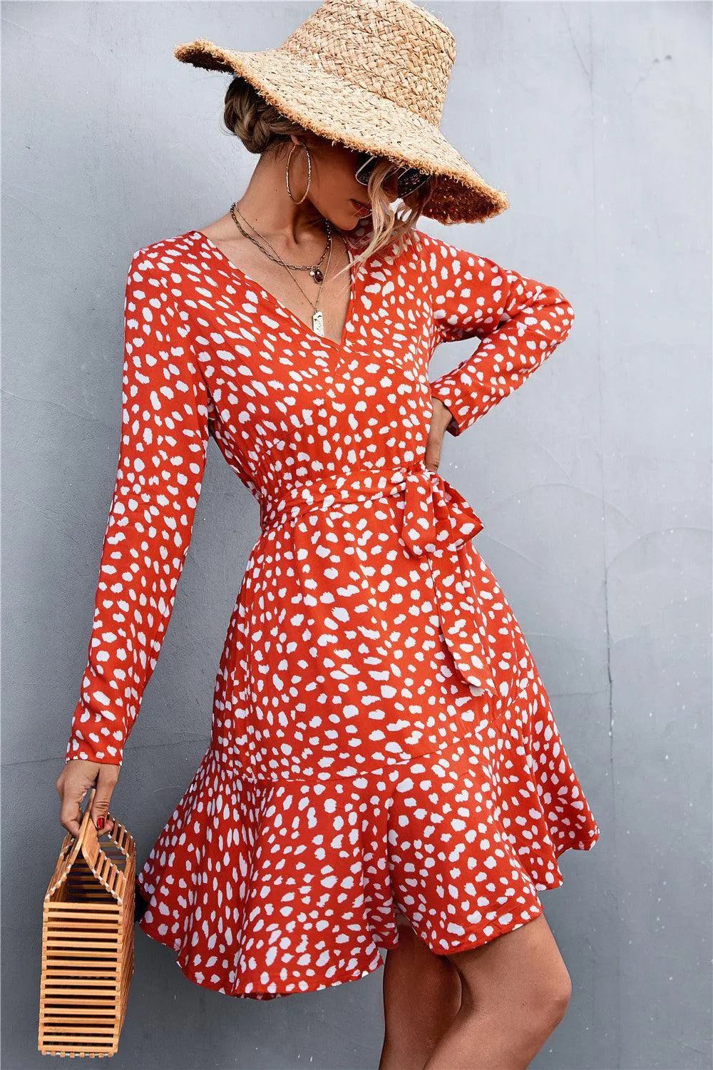 Hazel Blues® | Printed V-Neck Tie Belt Ruffle Hem Mini Dress