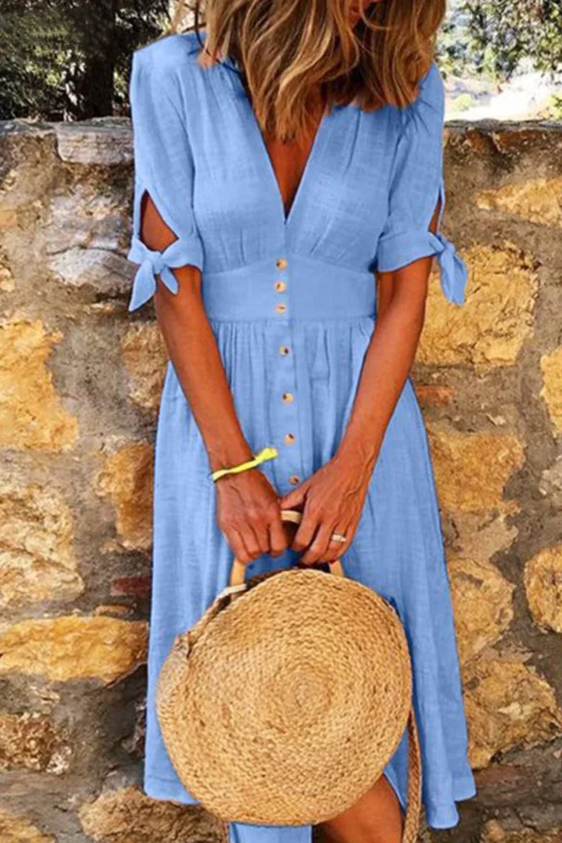 Hernia - Elegant V-neck casual dresses with buckle closure.