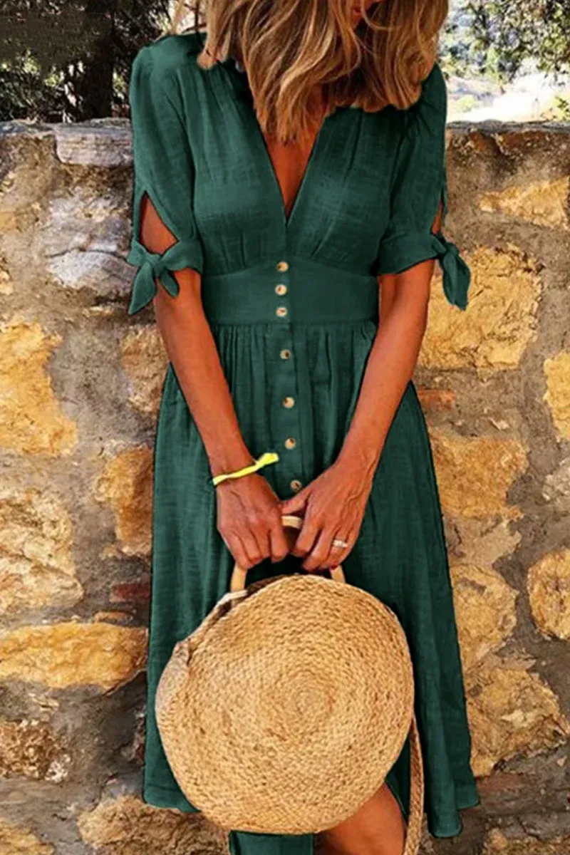Hernia - Elegant V-neck casual dresses with buckle closure.