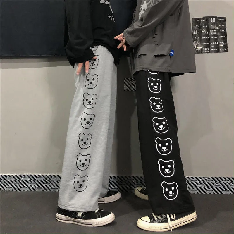 High Waist Bear Side Printed Loose Pants