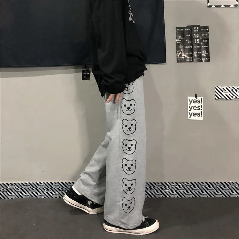 High Waist Bear Side Printed Loose Pants