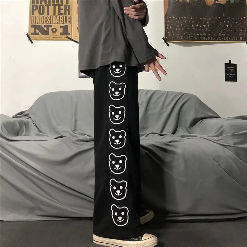 High Waist Bear Side Printed Loose Pants