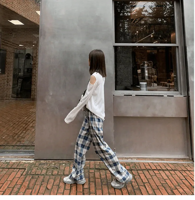 High Waist Blue Plaid Loose Wide Leg Pants