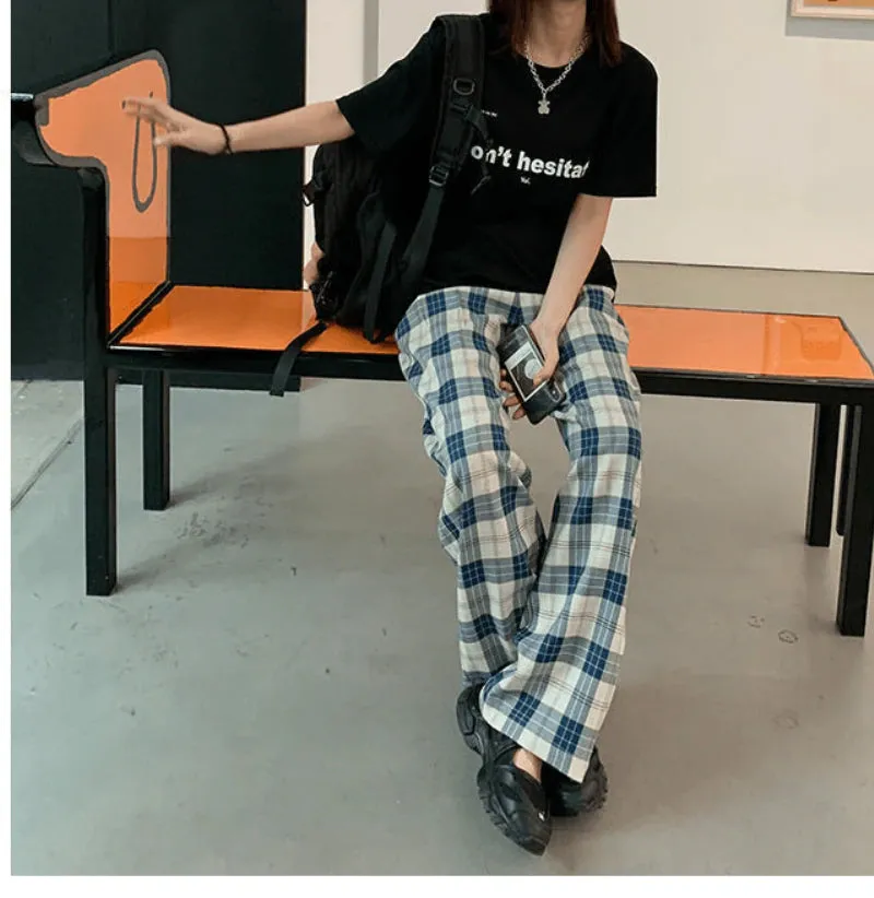 High Waist Blue Plaid Loose Wide Leg Pants