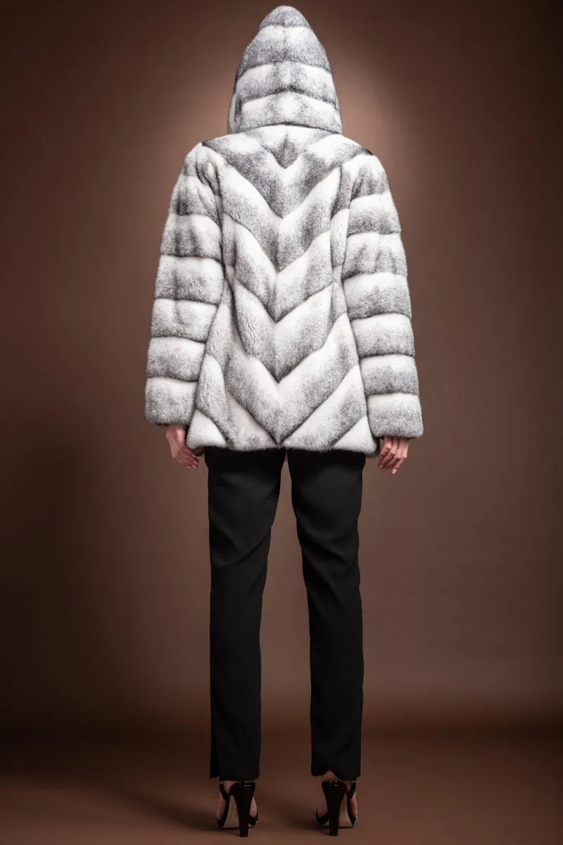 Hooded Chevron Black Cross Mink Fur Jacket