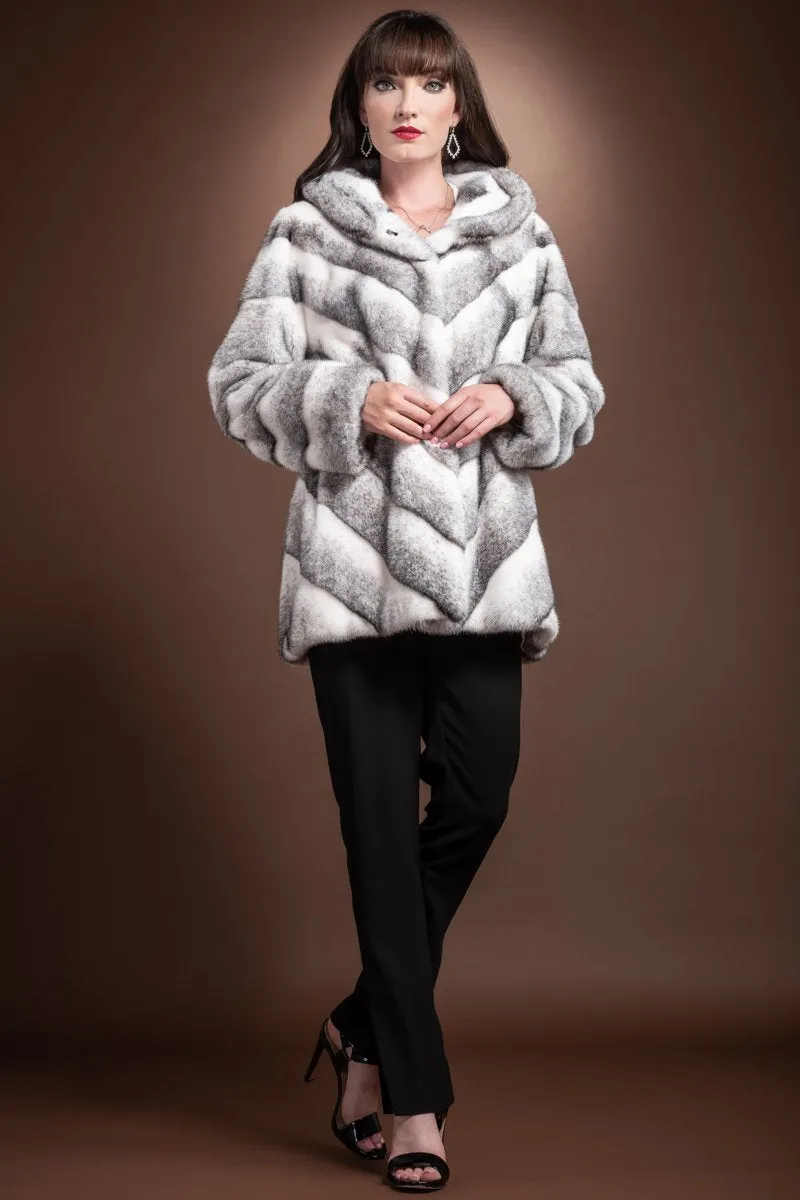 Hooded Chevron Black Cross Mink Fur Jacket