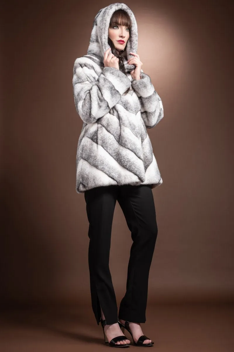 Hooded Chevron Black Cross Mink Fur Jacket