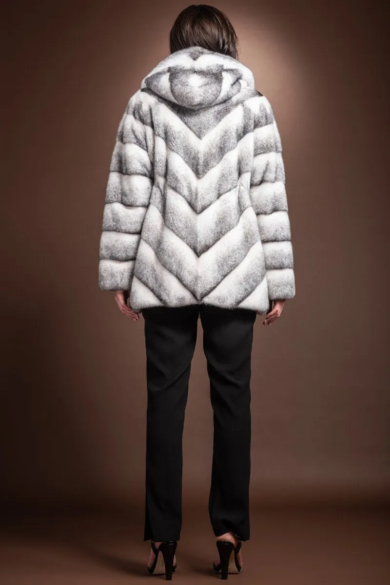 Hooded Chevron Black Cross Mink Fur Jacket