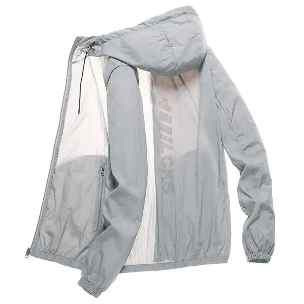 Hooded Long Sleeve Pockets Zipper Placket Windbreaker Jacket Men Ultra Thin Sun Protection Coat Summer Running Camping Jacket