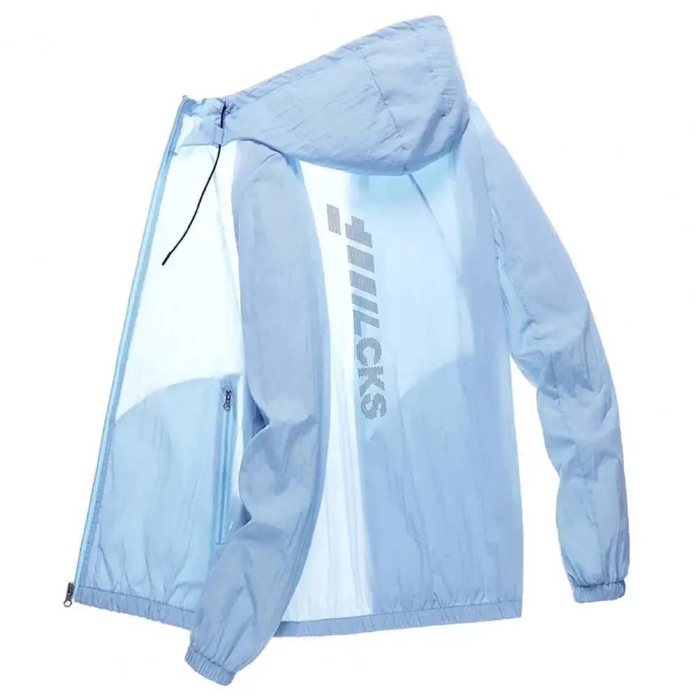 Hooded Long Sleeve Pockets Zipper Placket Windbreaker Jacket Men Ultra Thin Sun Protection Coat Summer Running Camping Jacket