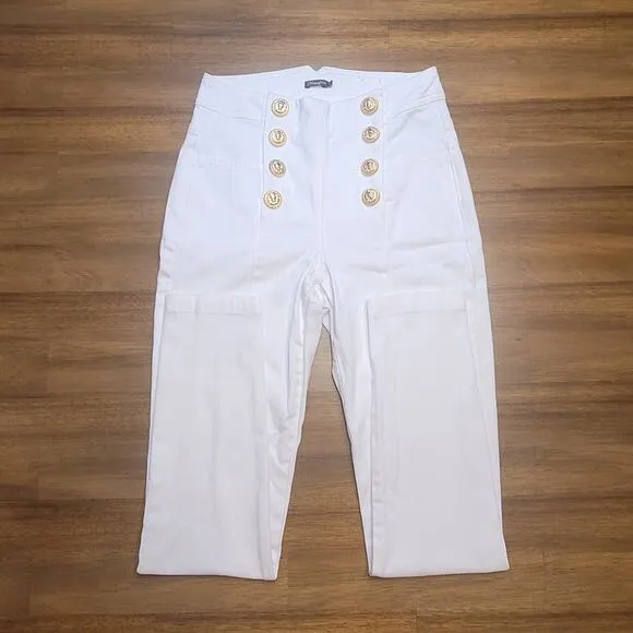 J McLaughlin Hastings White Jeans High Rise Skinny Sailor Golden Buttons 2 NWOT