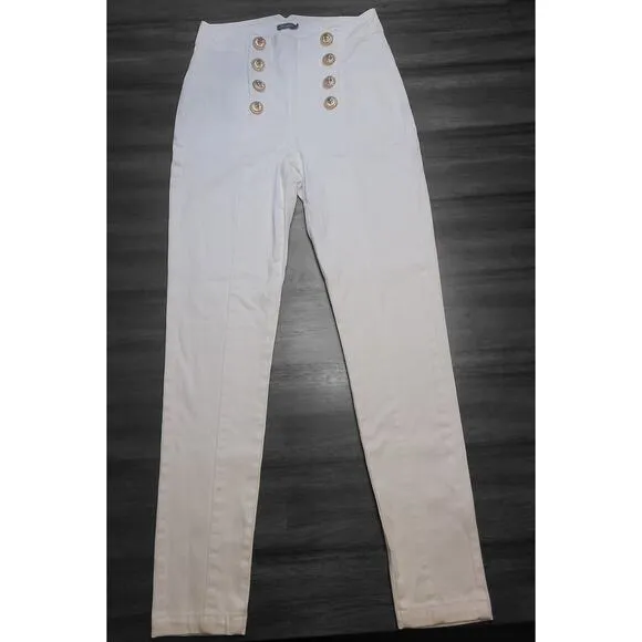 J McLaughlin Hastings White Jeans High Rise Skinny Sailor Golden Buttons 2 NWOT