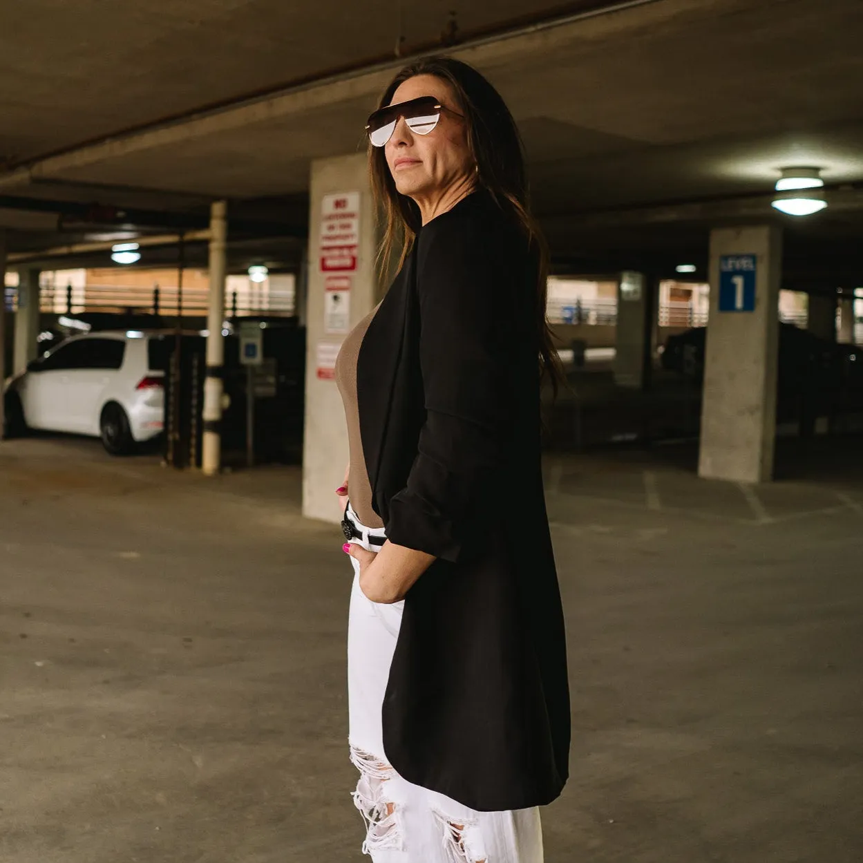 Jaci Solid Ruched Sleeve Long Boyfriend Blazer