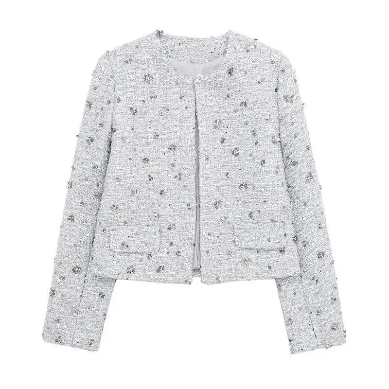 JazzHer Fashion Silver Sequins Autumn Winter Jacket Woman Elegant O-Neck Long Sleeves Cropped Coats Female Casual Open Front Outerwear
