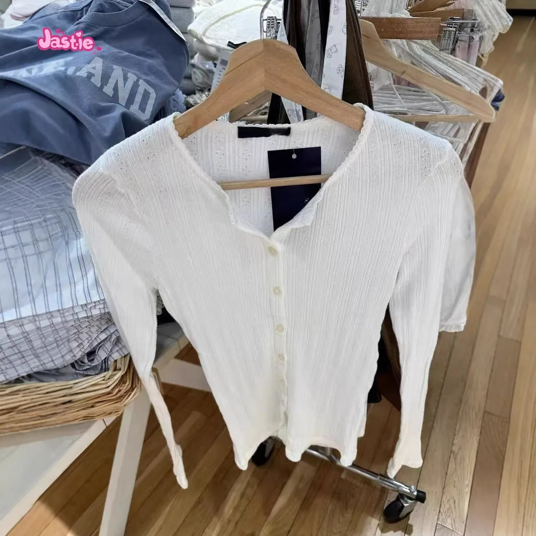 JazzHer Sweet Chic Eyelets White Women Jackets Lace Trim O Neck Slim Fall Coats 2025 New Cotton Long Sleeve Spring  Thin Top Woman